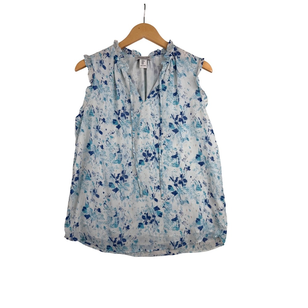 Rachel Zoe Floral Print Ruffle Detail Sleeveless Blouse size Medium Blue/White